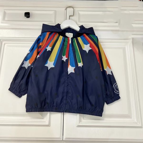 

kids jacket luxury brand kid sunscreen jackets baby clothes star rainbow pattern school students sports hooded girls boys clothes summer spr, Blue;gray
