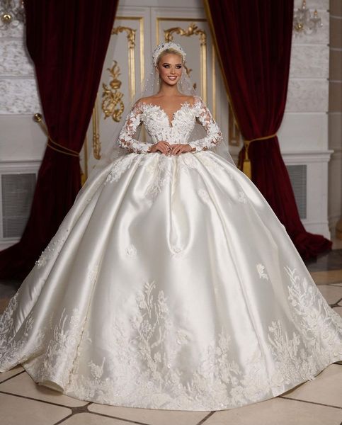 

elegant ball gown wedding dresses long sleeves v neck sequins appliques ruffles 3d lace satin bridal gowns pearls formal dress plus size cus, White
