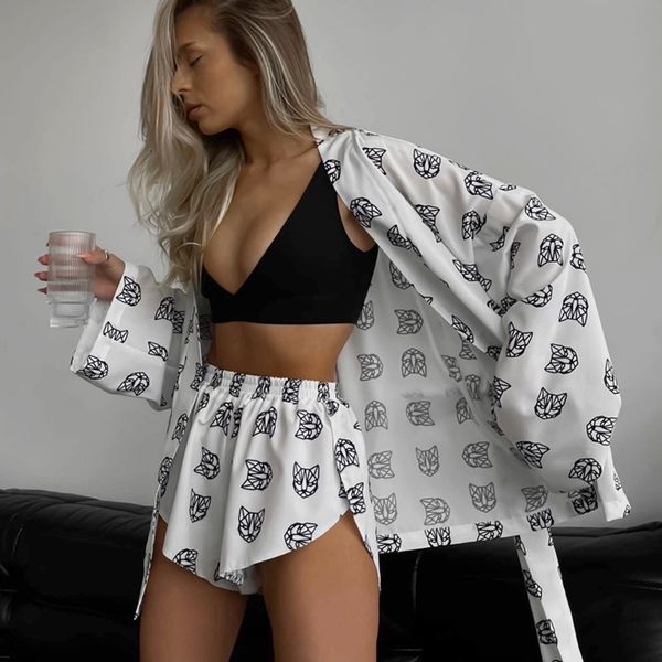 

women's sleepwear shorts set homewear fashion loose print 2 piece sets outfits casual lace up long sleeve robes with high waist pajama, Black;red