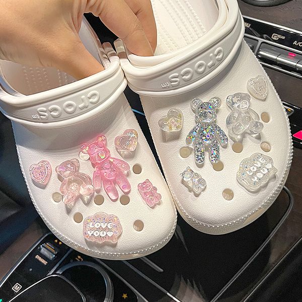 

shoe parts accessories shiny bears chain croc charms designer diy quality anime shoes party decaration for clogs buckle kid women girls gift, White;pink