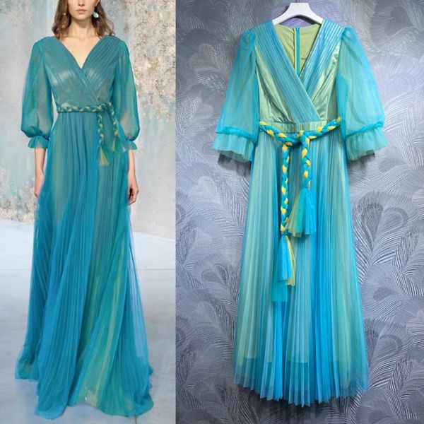 

high-quality v-neck long-sleeve voile stitching belt party dress, Black