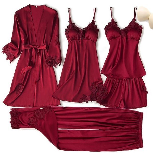 

women's sleepwear pajama set women lace trim satin pyjamas pour femme summer nightwear with pants casual home wear kimono robe gown pjs, Black;red