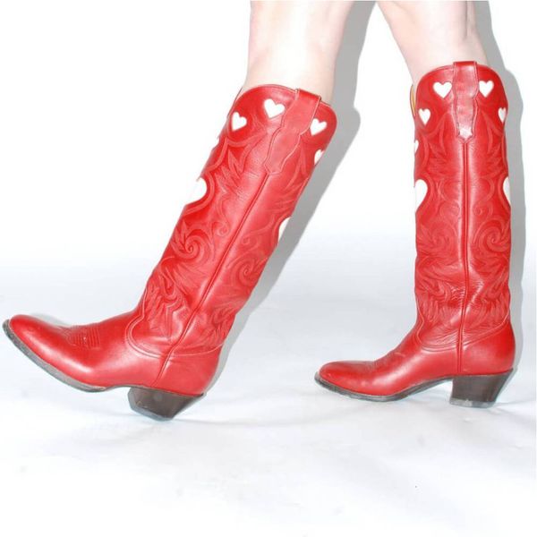 

boots gigifox dropship female western pointed toe slip-on heart-shaped fashion women knee high big size 43 230330, Black