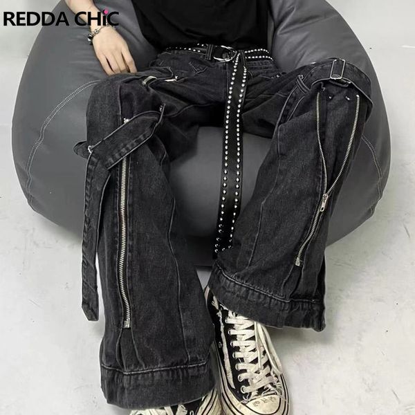 

women's jeans reddachic acubi fashion pants black women baggy with slits zipper 2strip cyber y2k grunge goth harajuku emo street style, Blue