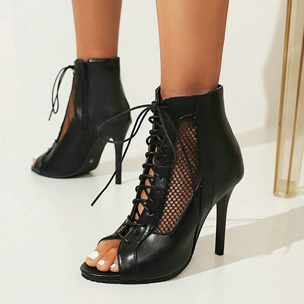 

sandals women fashion thin high heels open toe zipper dancing shoes summer ballroom dance short boots woman's size 48 230330, Black