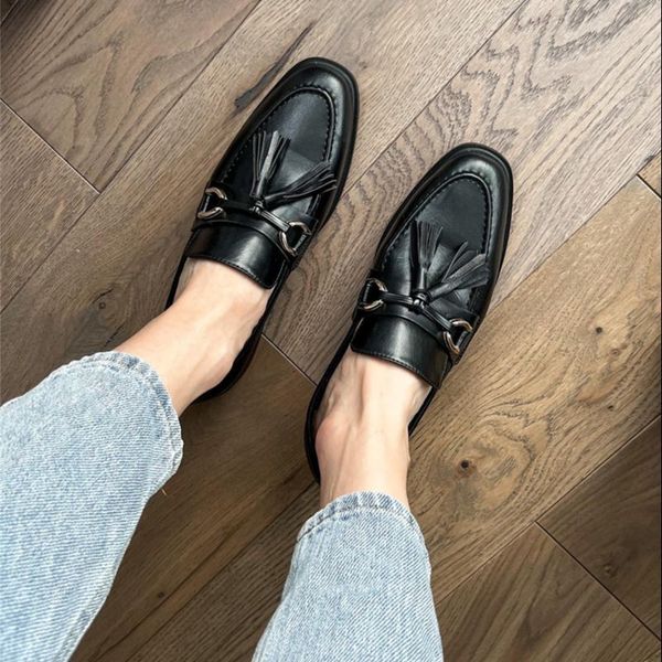 

dress shoes meotina ins za women's loafers genuine leather flat shoes metal decorative tassel round toe women's shoes spring autum, Black