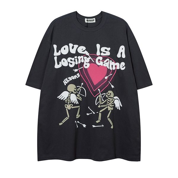

summer letter foam short sleeve cotton tees streetwear patchwork casual oversized tshirts o neck loose, Black;brown