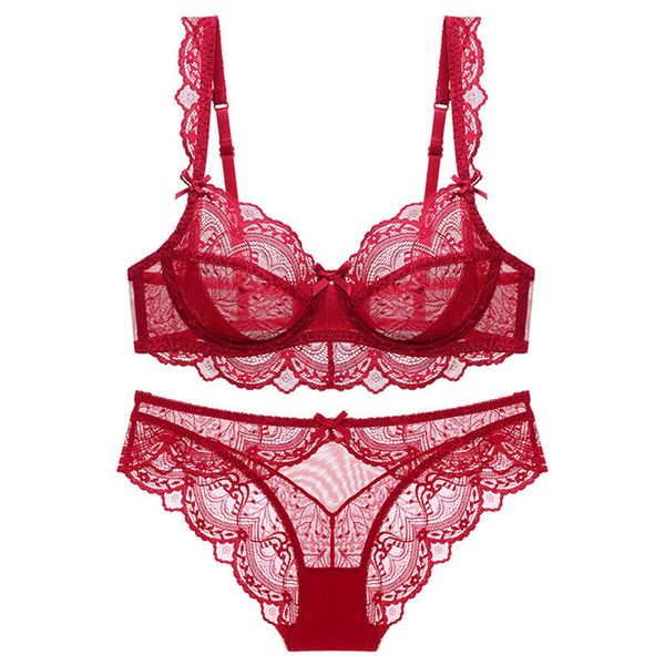

bras sets abcd cup bra set ultra thin transparent flower push up bra set plus size bra 230330, Red;black