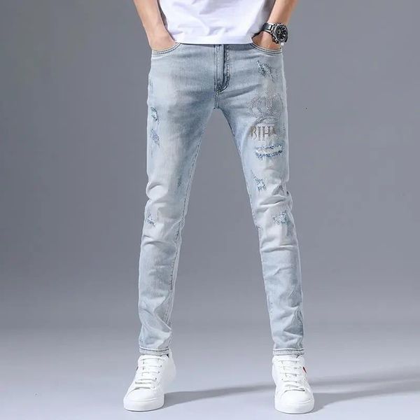 

men's jeans fashion stretch denim spring autumn ripped retro drill embroidery slim small feet blue versatile long pants 230330