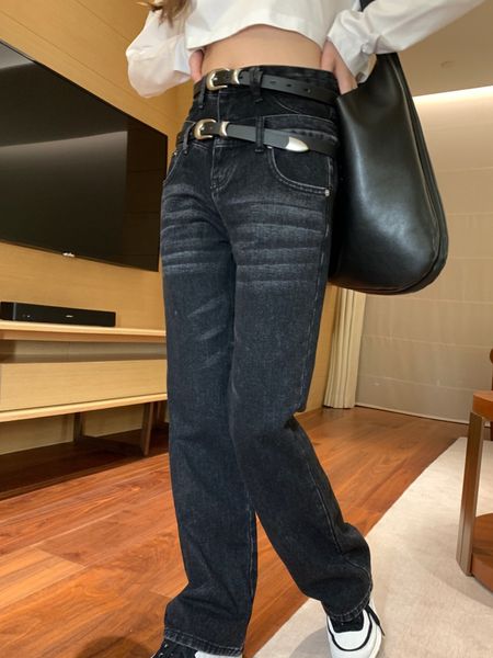 

women's jean's double belt high waist straight denim pants 2023 230330, Blue