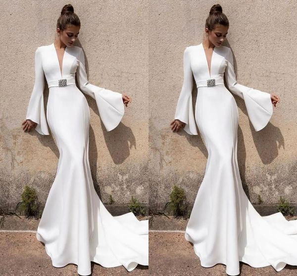 

simple plus size mermaid wedding dresses for bride deep v neck long sleeves beaded sashes satin sweep train beach country garden bridal gown, White