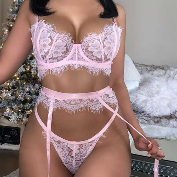 

lingerie valentines lace bra pants 3 piece set hollow out for women, Black;white