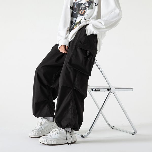 

mens pants casual cargo summer pockets retro fashion high street loose trousers outdoor clothes harajuku 230329, Black