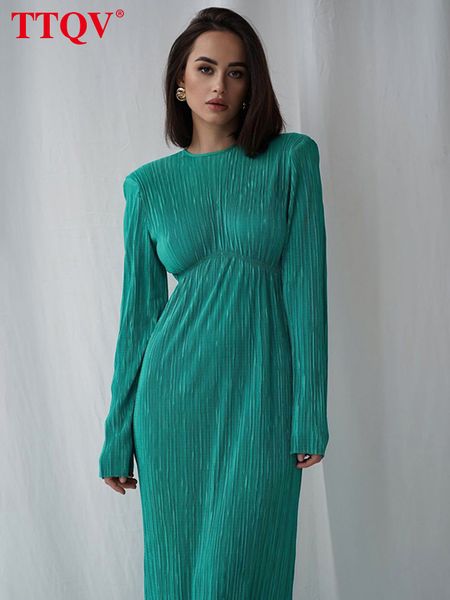 

casual dresses ttqv winter o-neck green women's dress elegant long sleeve body midi dress women's casual pleated dress year 230330, Black;gray
