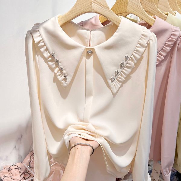 

women's polos longsleeved chiffon shirt blusas mujer spring fashion doll collar beaded loose thin bottomed blouse l4xl 230330, White
