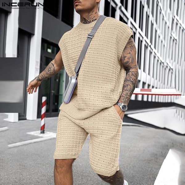 

men's tracksuits stylish well fitting sets incerun solid knitted texture sleeveless drop shoulder vests shorts suit 2 pieces s5xl 2023, Gray