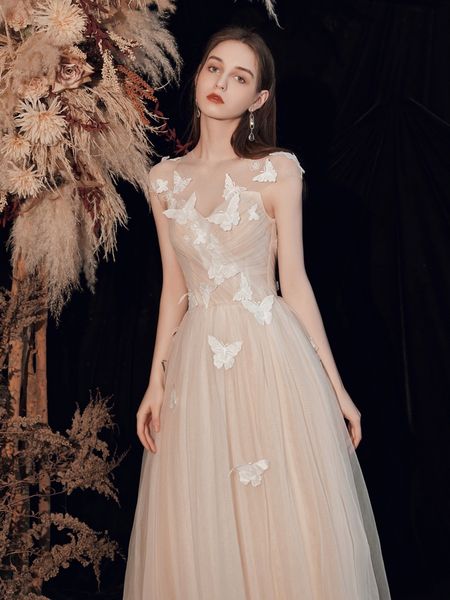 

light champagne bridesmaid dress a-line lace applique butterfly floor-length red carpet ceremony celebrity party evening prom gowns 2023, White;pink