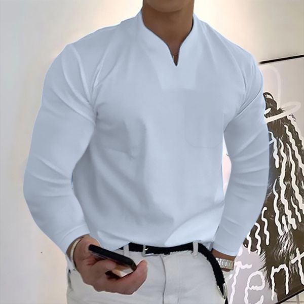

men's polos solid color slim fit long sleeves pullover colorfast v neck casual autumn shirt clothes t-shirts 230330, White;black