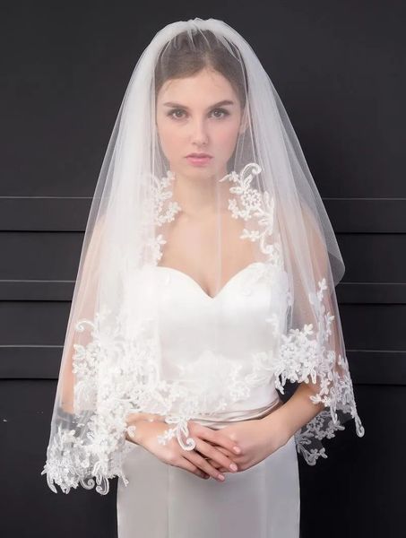 

2023 white bridal veils in stock wedding accessory 2 tier veil white ivory custom made length lace edge short with comb, Black