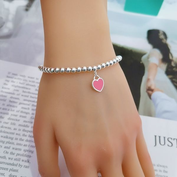 

heart beaded bracelet tif925 silver luxury eternal couple love bracelet heart balls 4mm bead bracelets for women sweet charm 10mm tag bracel, Black