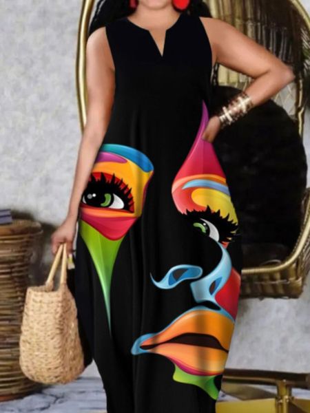 

plus size dresses lw size dress figure print cami loose v neck straight tank floor length a line stretch daily summer women clothings 230330, Black