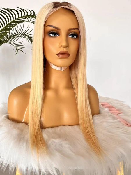 

4/613 ombre blonde straight 13x4 lace front wigs with chocolate brown roots, Black;brown
