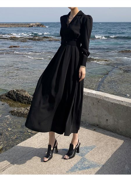 

casual dresses autumn elegant midi black shirt with belt women's solid a-line women's fashion office women's clothing vest 23, Black;gray