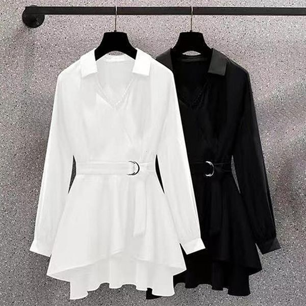 

women's blouses shirts women shirt dress lapel v neck long sleeves irregular hem waist tight adjustable belt pullover shirt female clot, White