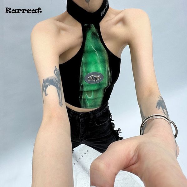 

womens tanks camis karrcat cyber y2k halter grunge irregular tank gothic black crop punk style chic designer clothes egirl streetwear 23033, White