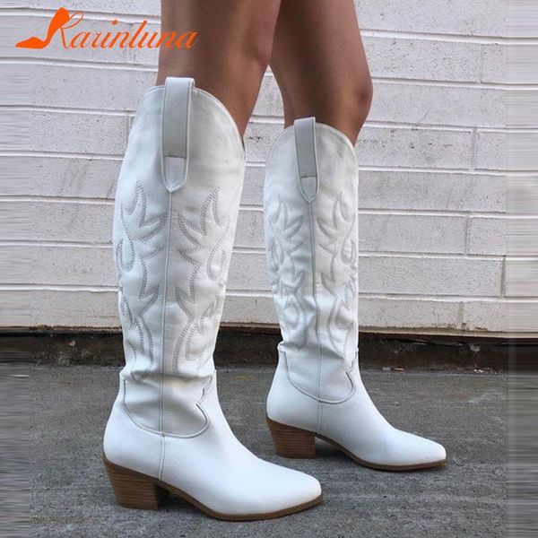 

boots western women mid-calf autumn winter fashion chunky heeled style simply country girl cowboy shoes 230330, Black