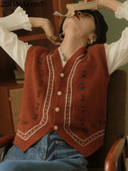 

women's vests vintage graphic embroidery sweater women's vintage printed button knitted mini tank street apparel harajuku apparel, Black;white