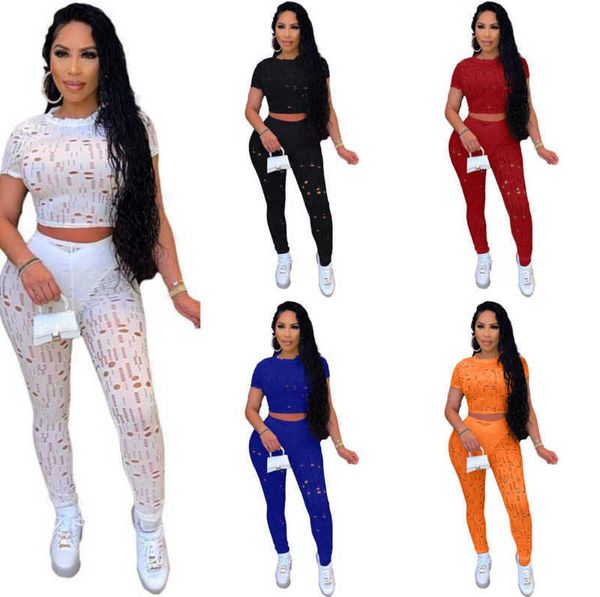

wholesale fashion casual womens tracksuits two piece pants suit holed crew neck short sleeve crop and leggings sport set, White