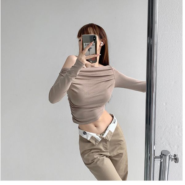 

women's polos temperament fold strapless oblique collar bottom blouse 2023 spring advanced sense selfcultivation knitted tshirt 230330, White