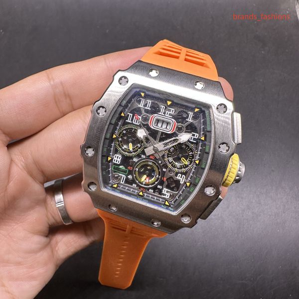 

men's automatic mechanical watch bucket type stainless steel case orange natural rubber strap life waterproof sports watches, Slivery;brown