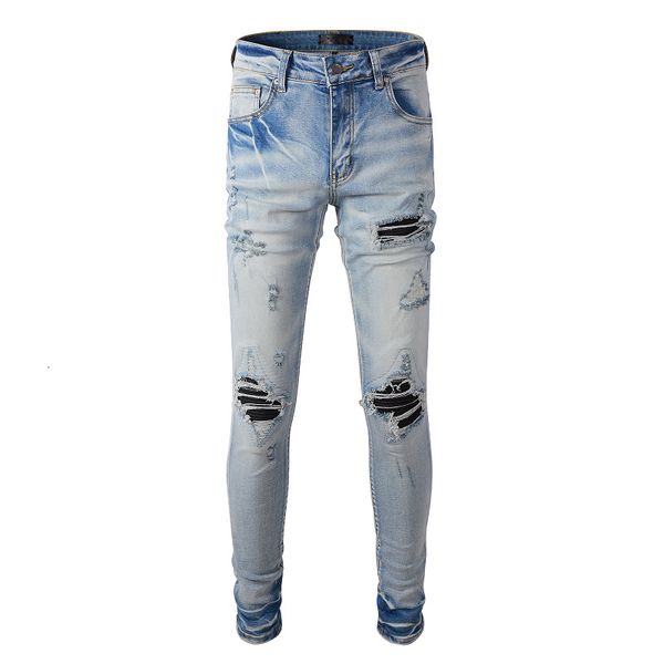 

men's jeans light blue fashion distressed slim fit streetwear style bandanna patchwork skinny stretch holes high street ripped 230330