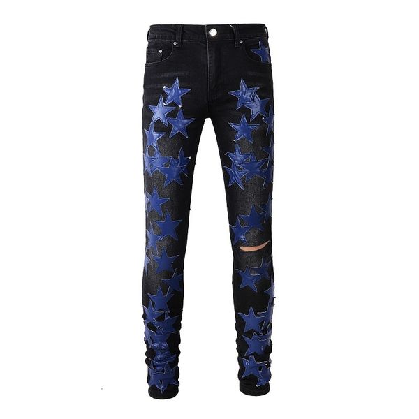 

men's jeans black distressed streetwear blue leather stars patches slim stretch skinny high street fashion style ripped 230330