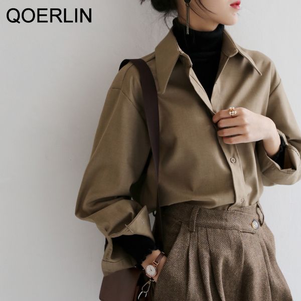 

women's blouses shirts qoerlin coffee blouse women spring autumn casual solid color long sleeve shirt women korean loose shirt ol style, White