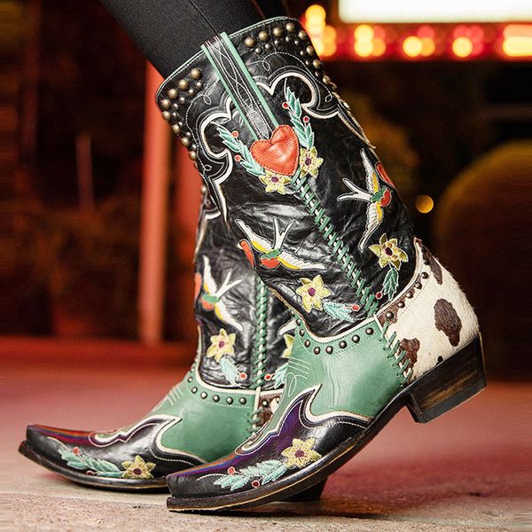 

boots bonjomarisa western cowboy women's boots cowboy girl mid calf boots heart shaped vintage embroidery slippers on short fat casual, Black