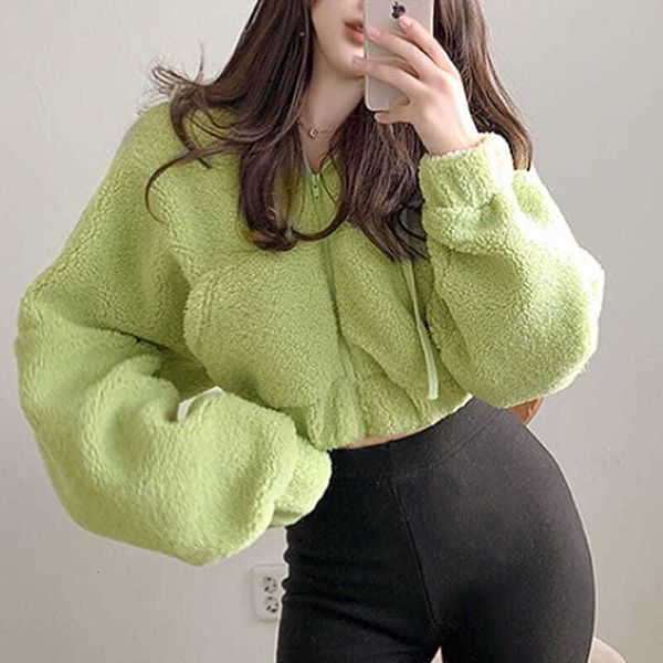 

women's polos suede solid color allmatch hooded sweater women pocket loose thin short coat cardigan plush jacket plus velvet thickening, White