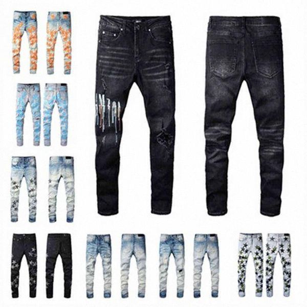 

designer jeans mens denim embroidery pants fashion holes trouser us size 28-38 hip hop distressed zipper trousers lbp, Blue