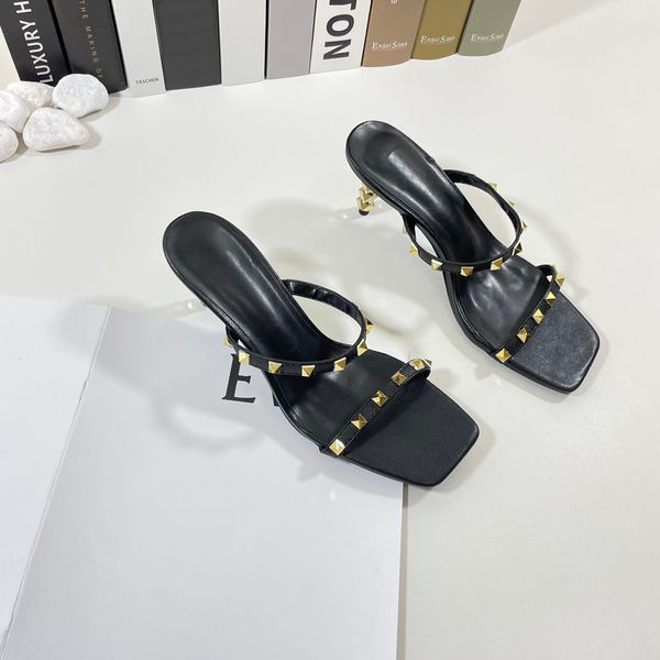 

luxury high heels designers slippers fashion women pumps shoes casual designer gold leather studded spikes slingback high 7cm heels shoes, Black