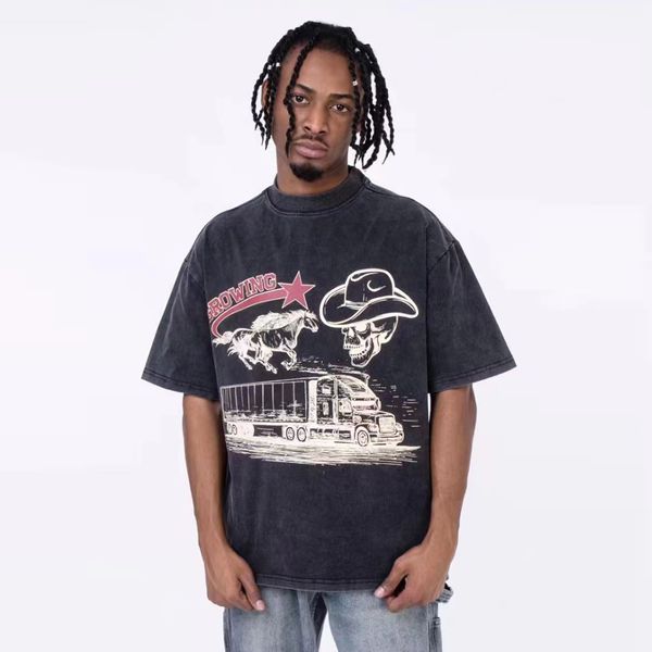 

men's plus tees high street short sleeve letter graffiti print washed tshirts for men summer cotton vintage tees oversized, Black;brown