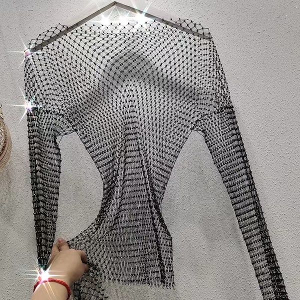 

women's polos mesh long sleeve sheer glitter encrusted diamond vest shawl nightclub party 230330, White