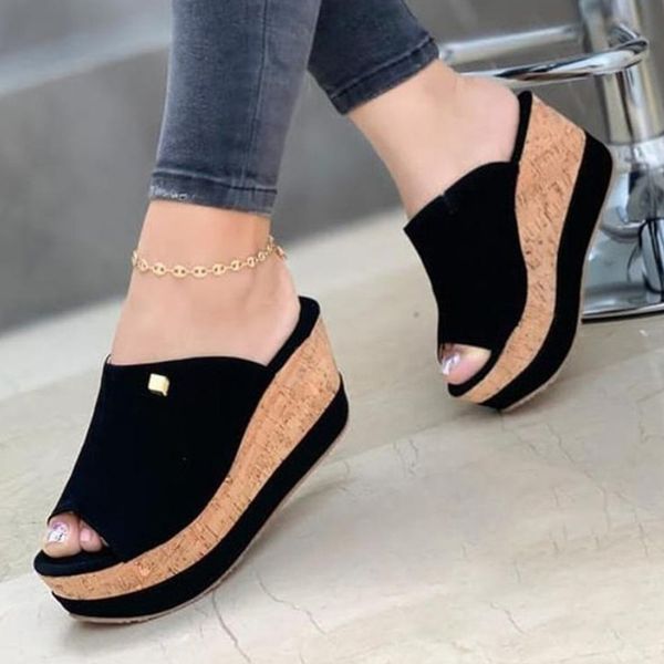 

sandals slippers summer clogs wedges retro fish mouth large size sandal high heel platform solid color plus shoes sandalias 230330, Black