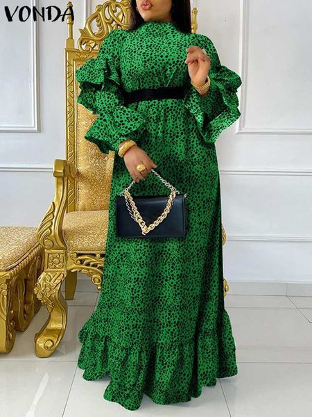 

plus size dresses vonda size women ruffled vestido bohemian summer long sleeve leopard print dress stand collar casual party maxi sundress 2, Black