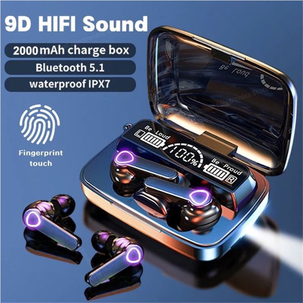 

m19 wireless headphones headsets bluetooth earphones with flashlight 2000mah battery 5.1 bt tws headset in-ear earbud for ios android sports