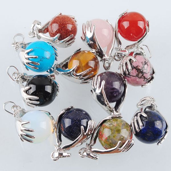 

natural rose quartz blue sand stone pendant hands palm shaped 16mm round ball gemstone reiki chakra charm jewelry wholesale dbn312, Silver