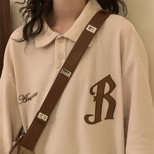 

women's polos american vintage polo collar oversized shirt summer women beige embroidery letter harajuku simple short sleeve for girls, White