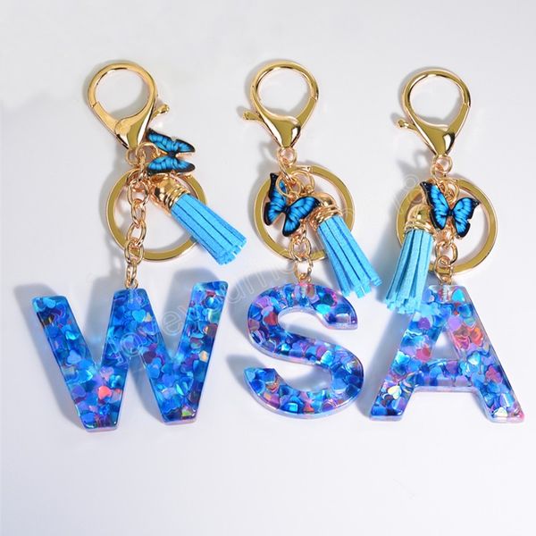 

fashion heart sequin resin letter keychain with tassel women handbag charms blue butterfly initial alphabet keyrings, Silver
