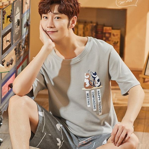 

men's sleepwear men's summer cotton pajamas short sleeve pajamas set plus size men's pajamas casual print home casual set 230, Black;brown